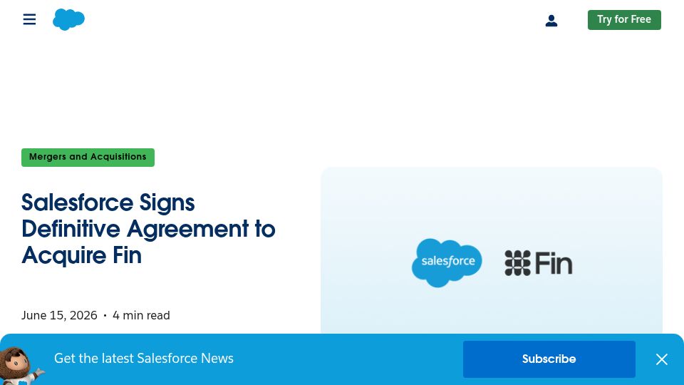 Screenshot of salesforce.com: Salesforce to Acquire Fin (formerly Intercom) for $3.6B