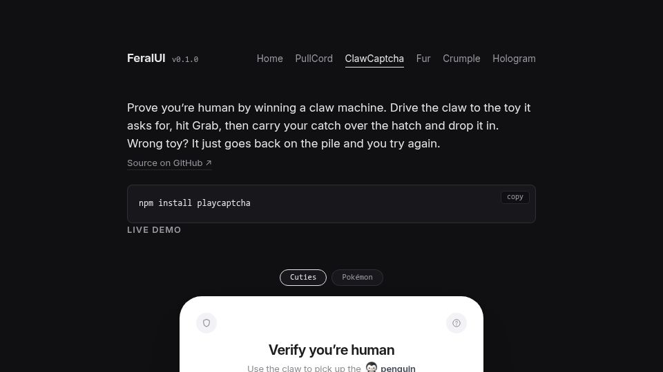 Screenshot of feralui.vercel.app: Prove you're human by winning a claw machine
