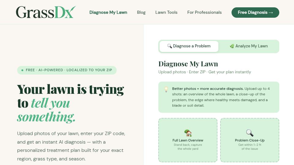 Screenshot of grassdx.com: Show HN: Veterinarian turned founder, AI lawn diagnosis