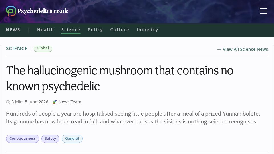 Screenshot of psychedelics.co.uk: The hallucinogenic mushroom that contains no known psychedelic