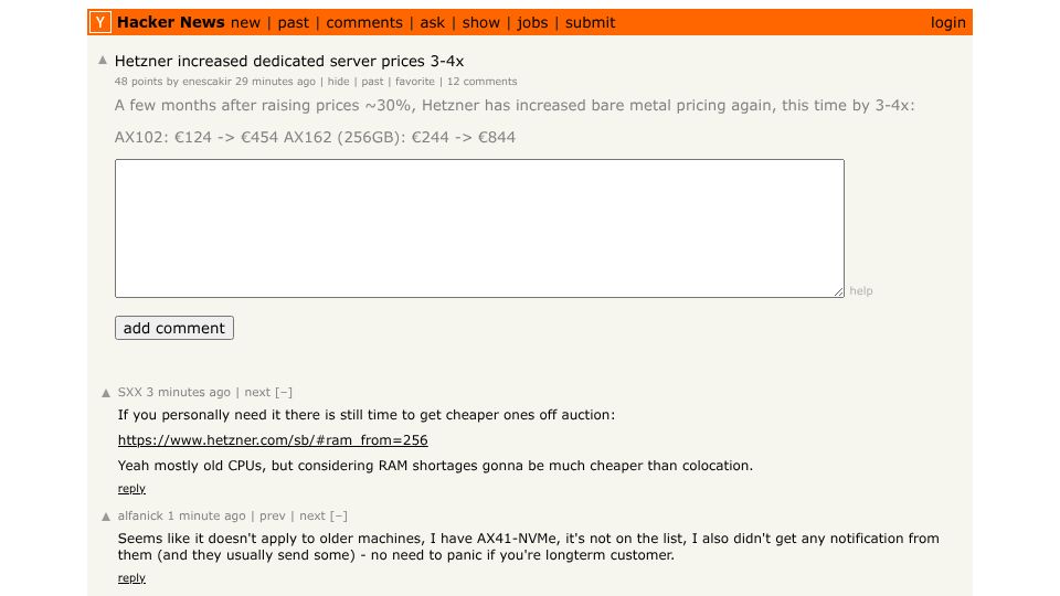 Screenshot of Hacker News post: Hetzner increased dedicated server prices 3-4x