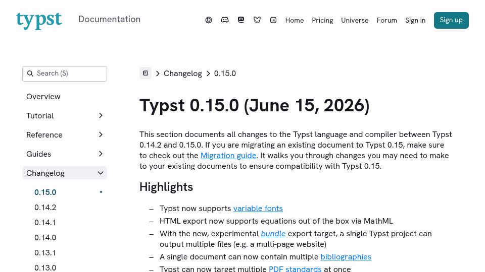 Screenshot of typst.app: Typst 0.15.0