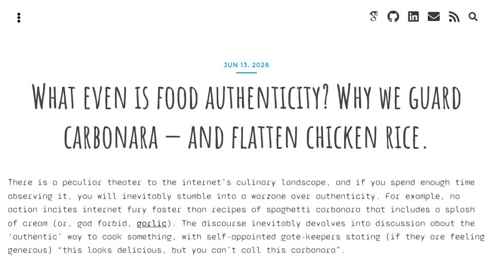 Screenshot of iza.ac: What even is food authenticity? Why we guard carbonara, and flatten chicken rice