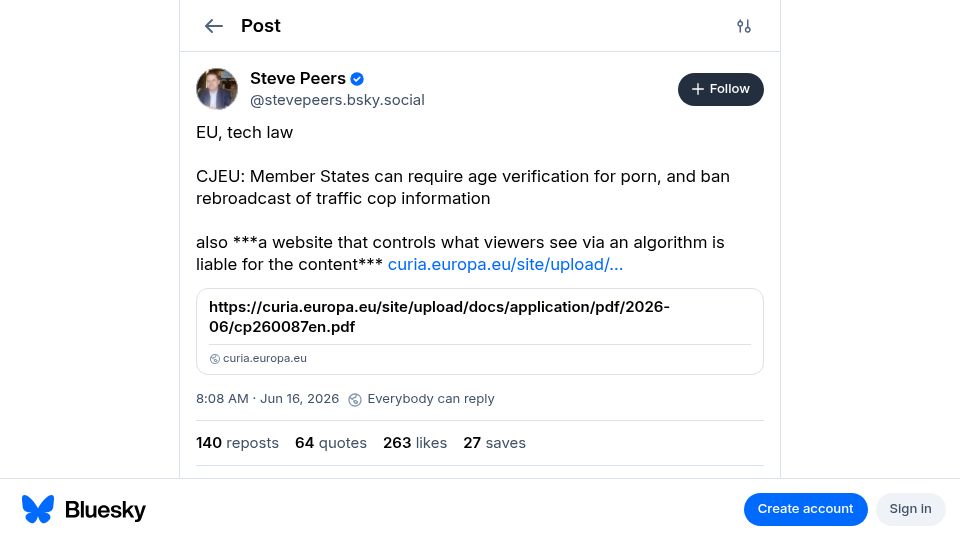 Screenshot of bsky.app: CJEU: Social networks are the 'publishers' of algorithmically-altered feeds