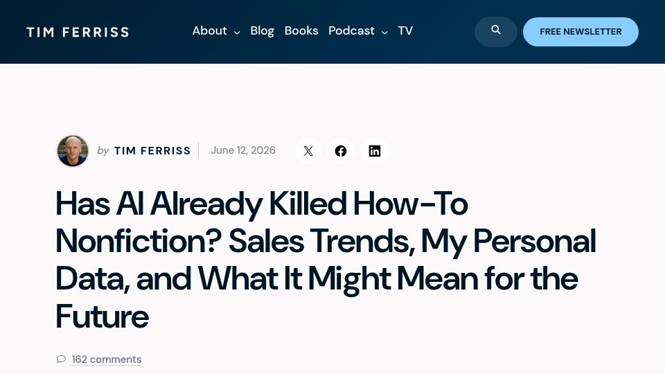 Screenshot of tim.blog: Has AI already killed self-help nonfiction books?