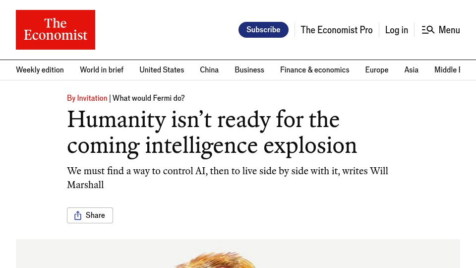 Screenshot of economist.com: Humanity isn't ready for the coming intelligence explosion