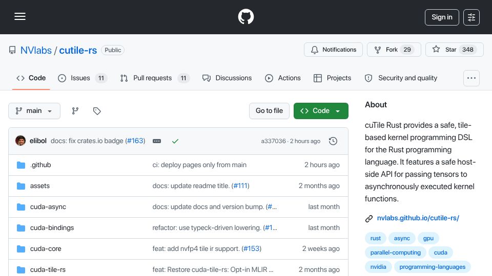 Screenshot of github.com: Show HN: cuTile Rust: Safe, data-race-free GPU kernels in Rust
