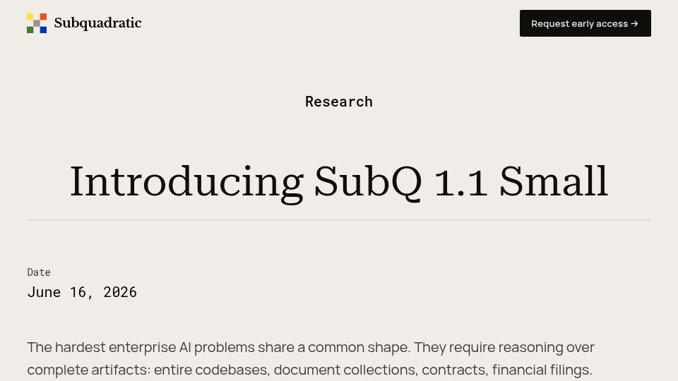 Screenshot of subq.ai: SubQ 1.1 Small