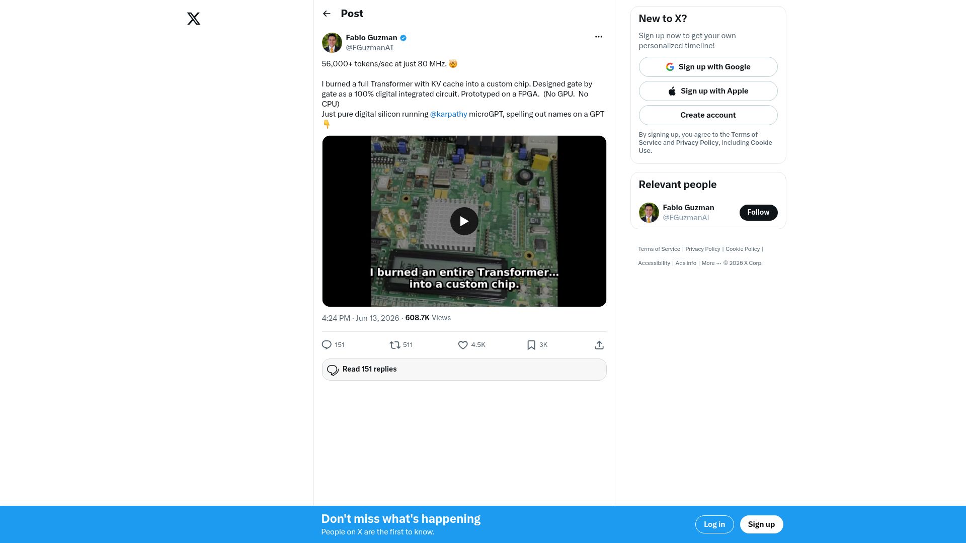 Screenshot of twitter.com: GateGPT: 56k tokens per second Transformer (KV cache) on FPGA at 80 MHz