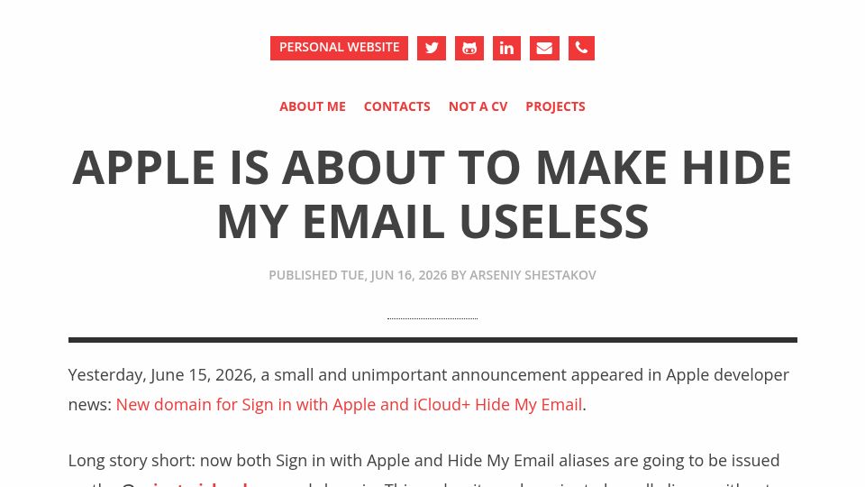 Screenshot of arseniyshestakov.com: Apple is about to make Hide My Email useless