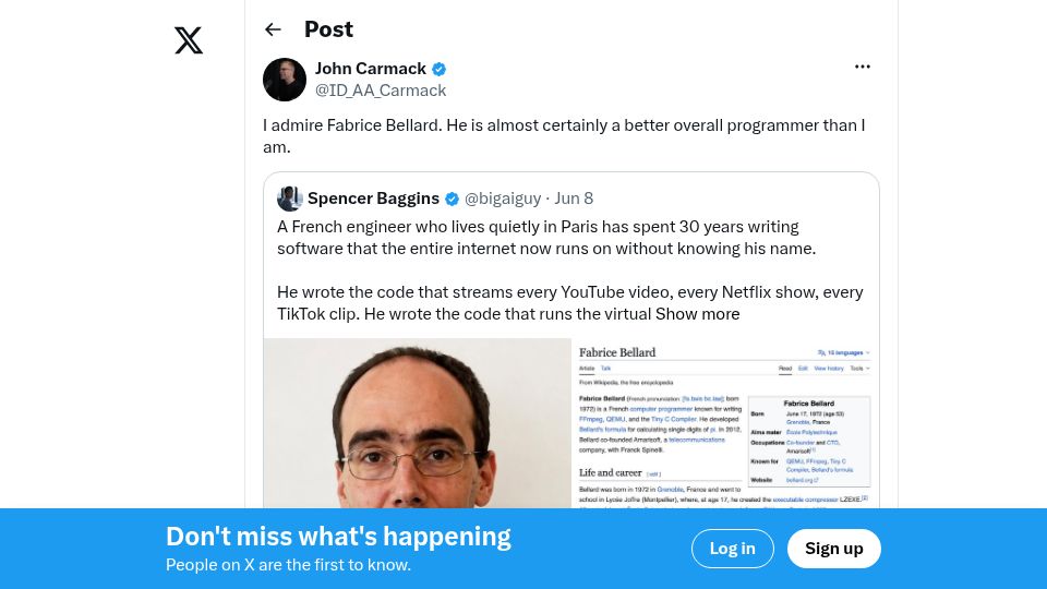 Screenshot of twitter.com: I admire Fabrice Bellard. He is almost certainly a better overall programmer