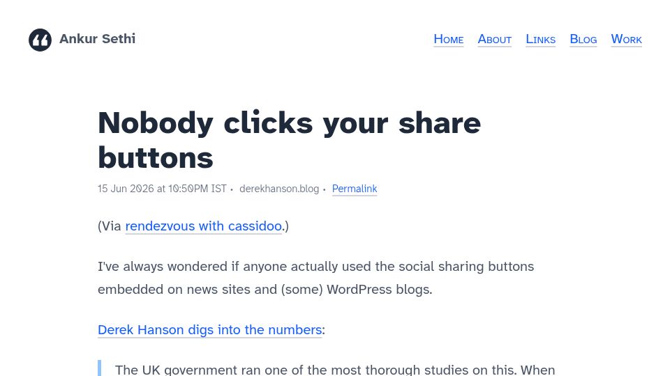 Screenshot of ankursethi.com: I've always wondered if anyone used sharing buttons on news sites and blogs