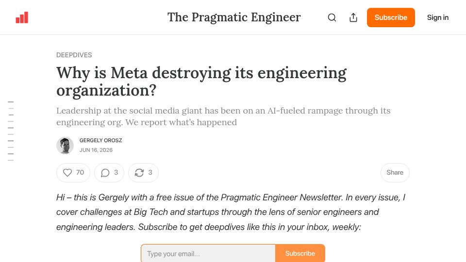 Screenshot of newsletter.pragmaticengineer.com: Is Meta destroying its engineering organization?