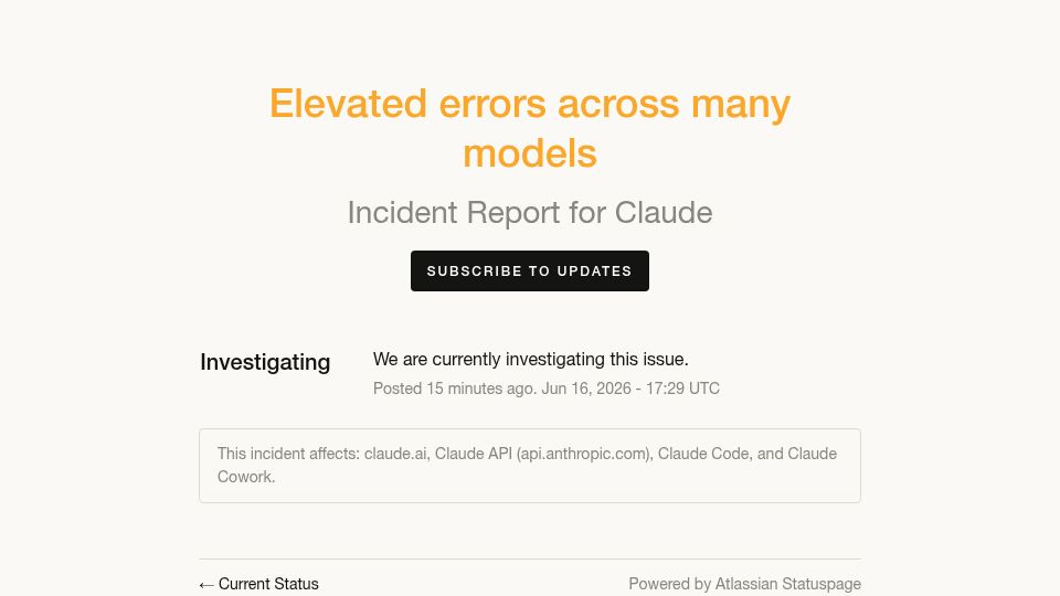Screenshot of status.claude.com: Claude: Elevated errors across many models