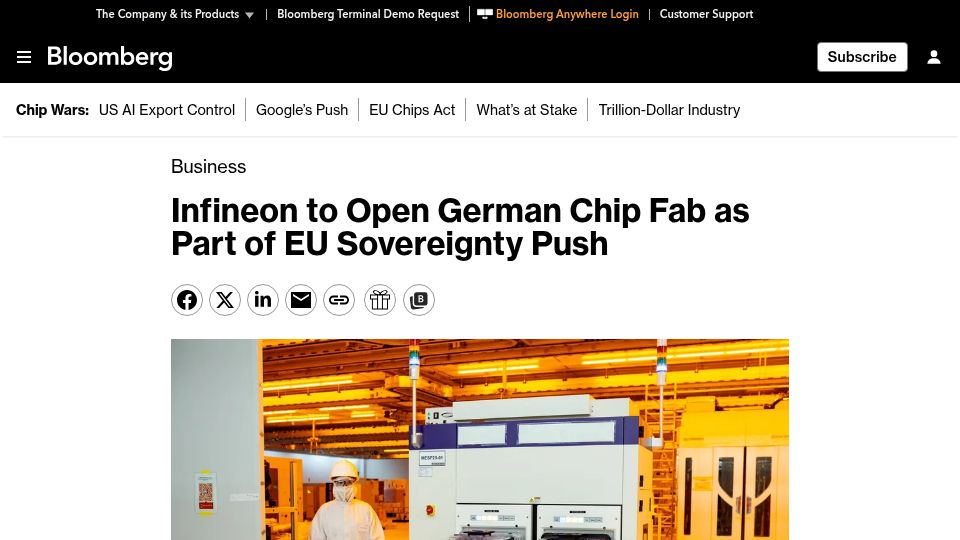 Screenshot of bloomberg.com: Infineon to open fab in Germany as part of sovereignty push