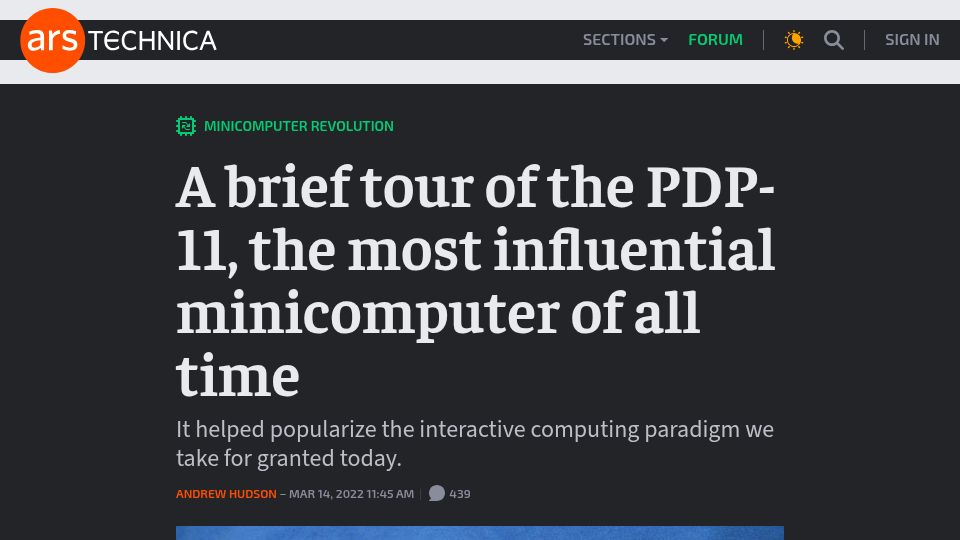 Screenshot of arstechnica.com: A brief tour of the PDP-11, the most influential minicomputer of all time (2022)