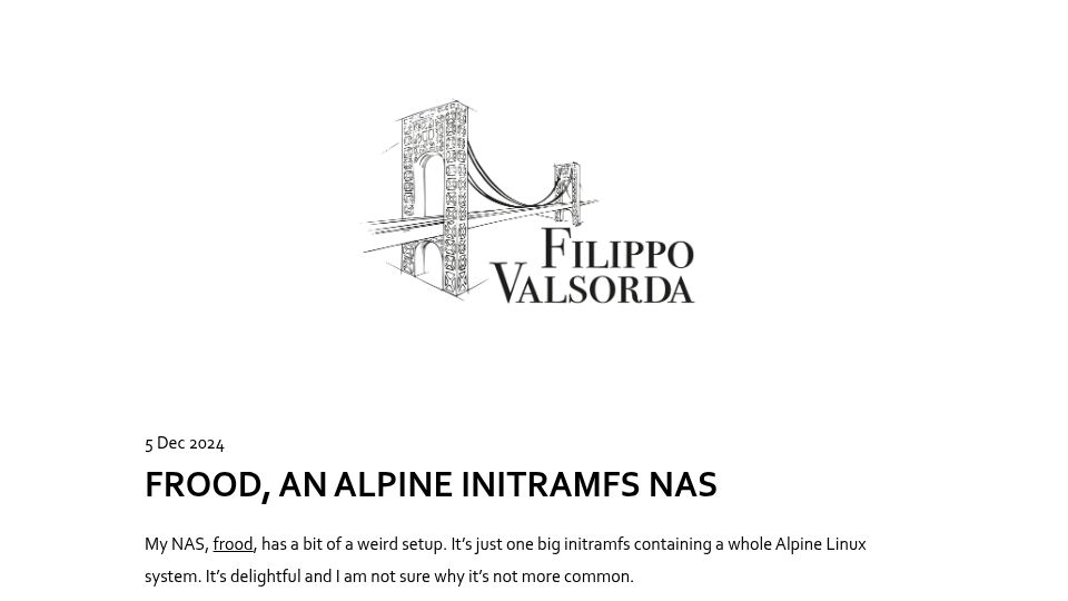 Screenshot of words.filippo.io: Frood, an Alpine Initramfs NAS (2024)