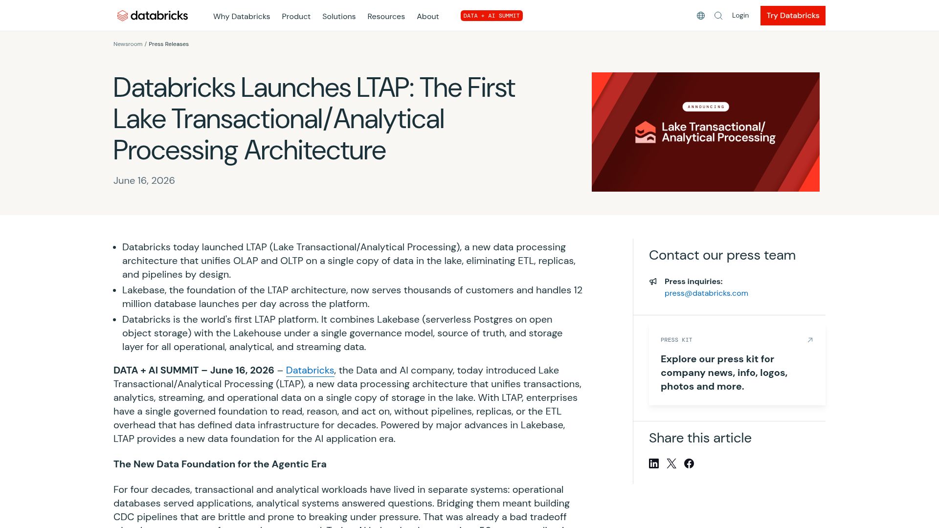 Screenshot of databricks.com: Databricks Launches LTAP: A Unified OLAP/OLTP Data Architecture