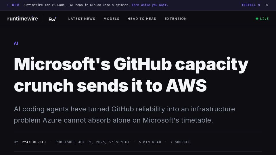Screenshot of runtimewire.com: Microsoft turns to AWS as GitHub faces AI capacity crunch
