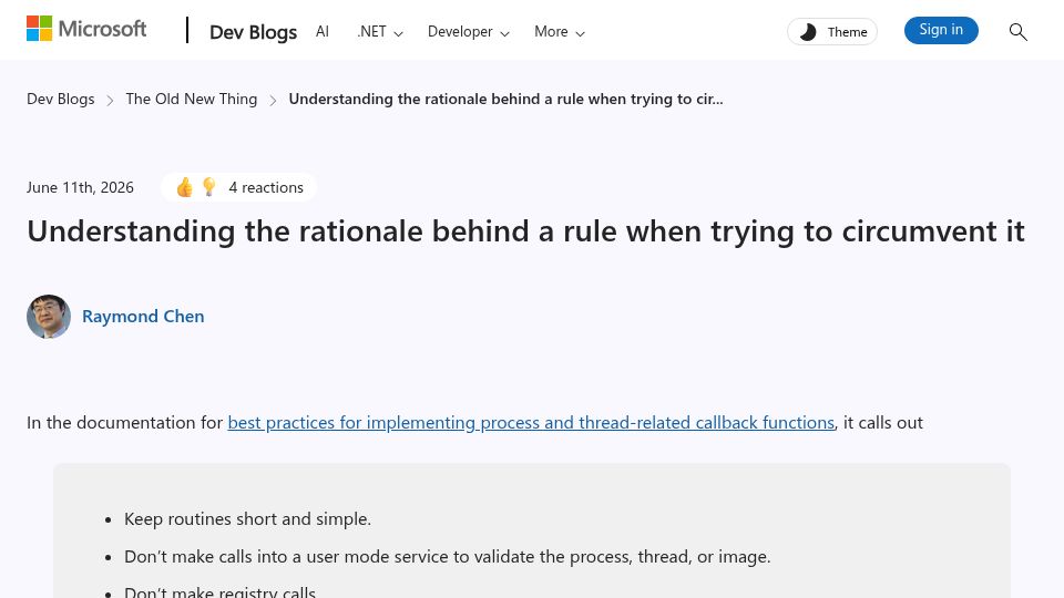 Screenshot of devblogs.microsoft.com: Understanding the rationale behind a rule when trying to circumvent it