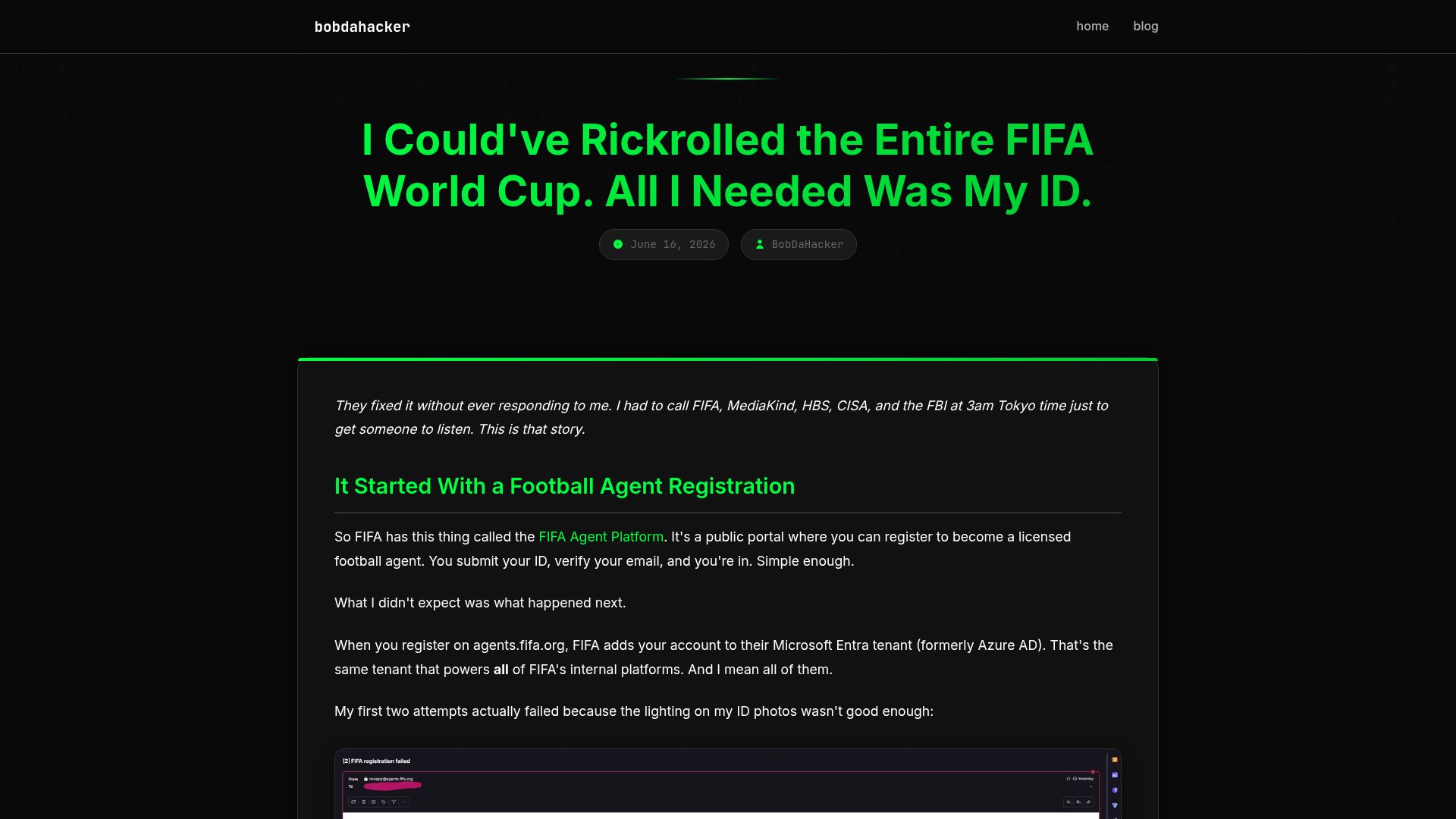 Screenshot of bobdahacker.com: I Could've Rickrolled the FIFA World Cup. All I Needed Was My ID
