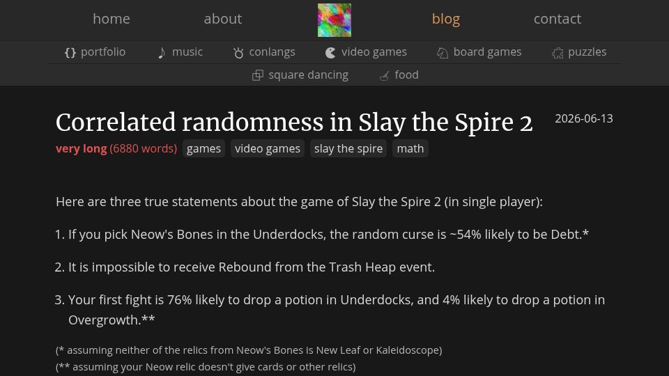 Screenshot of tck.mn: Correlated randomness in Slay the Spire 2