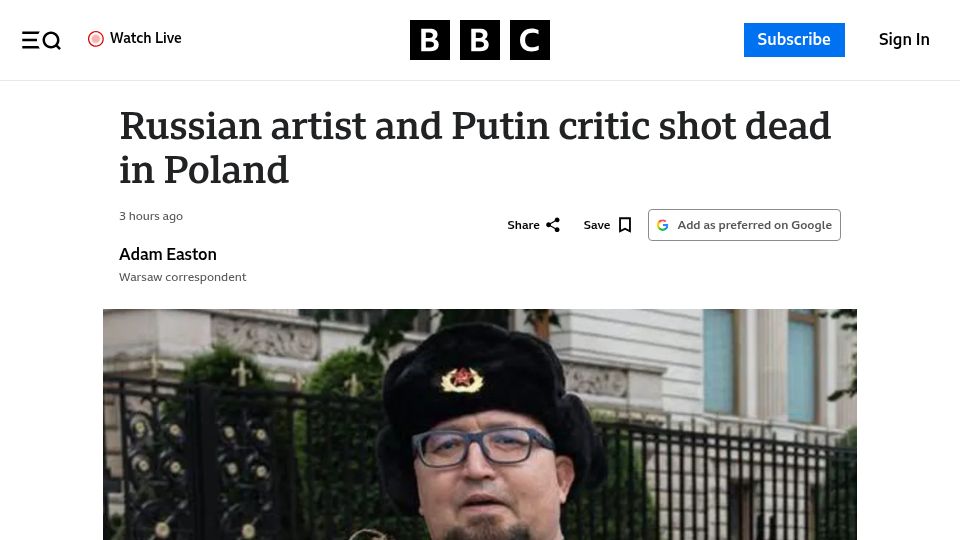 Screenshot of bbc.com: Russian artist and Putin critic shot dead in Poland