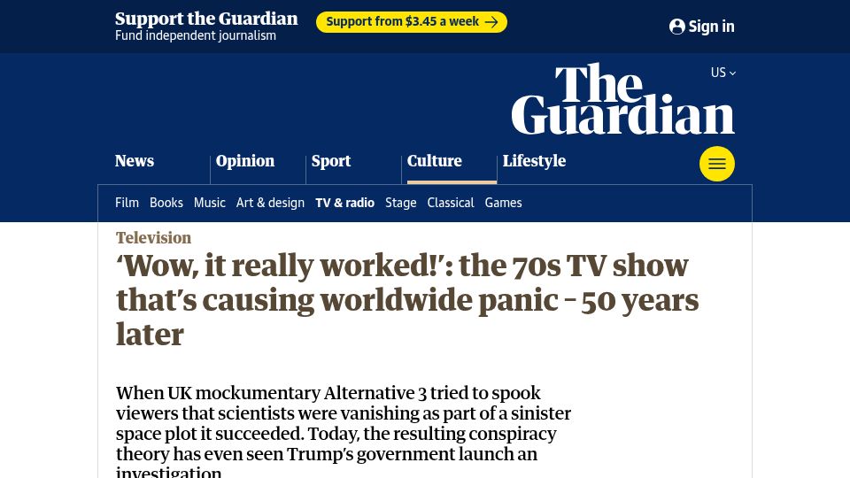 Screenshot of theguardian.com: 'Wow, it really worked ': 70s TV show causing worldwide panic today