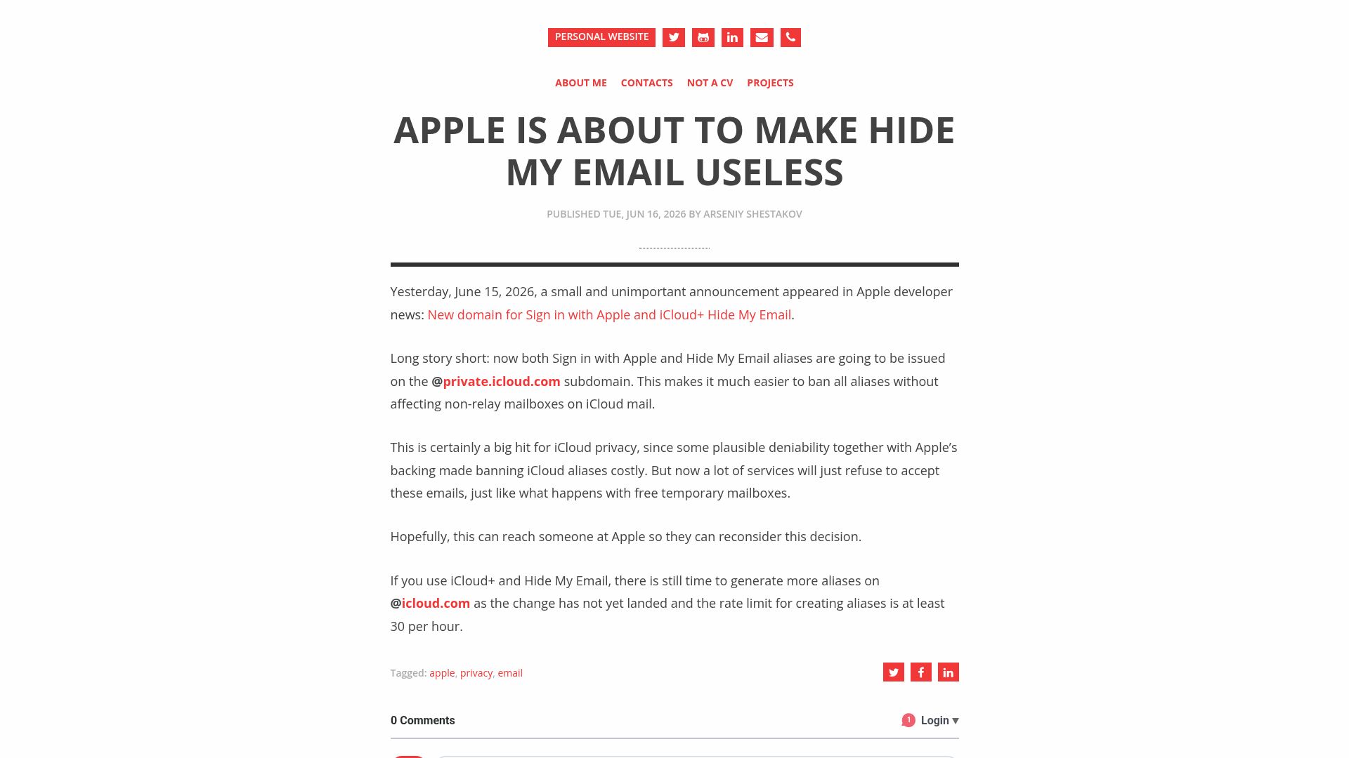 Screenshot of arseniyshestakov.com: Apple is about to make Hide My Email useless