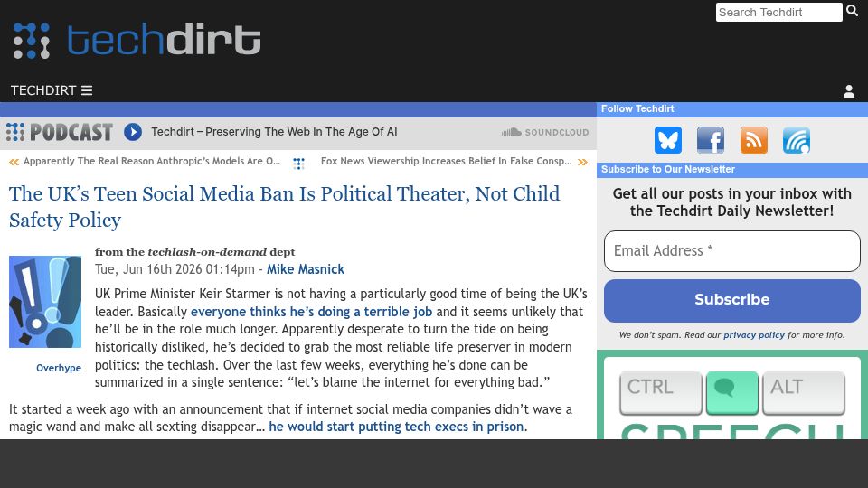 Screenshot of techdirt.com: The UK's Teen Social Media Ban Is Political Theater, Not Child Safety Policy