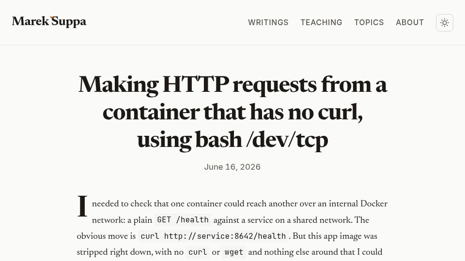 Screenshot of mareksuppa.com: TIL: You can make HTTP requests without curl using Bash /dev/TCP