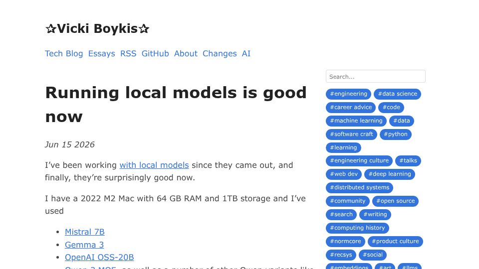 Screenshot of vickiboykis.com: Running local models is good now