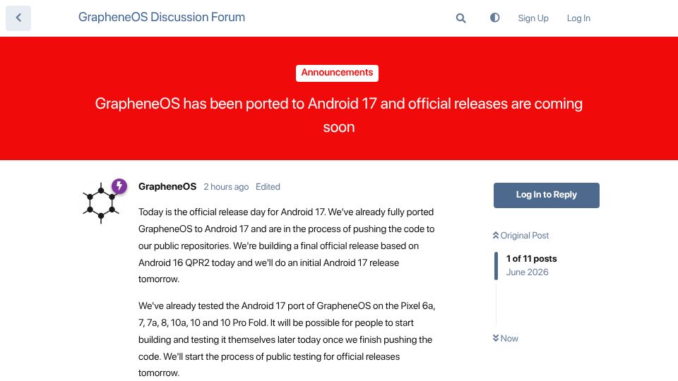 Screenshot of discuss.grapheneos.org: GrapheneOS has been ported to Android 17