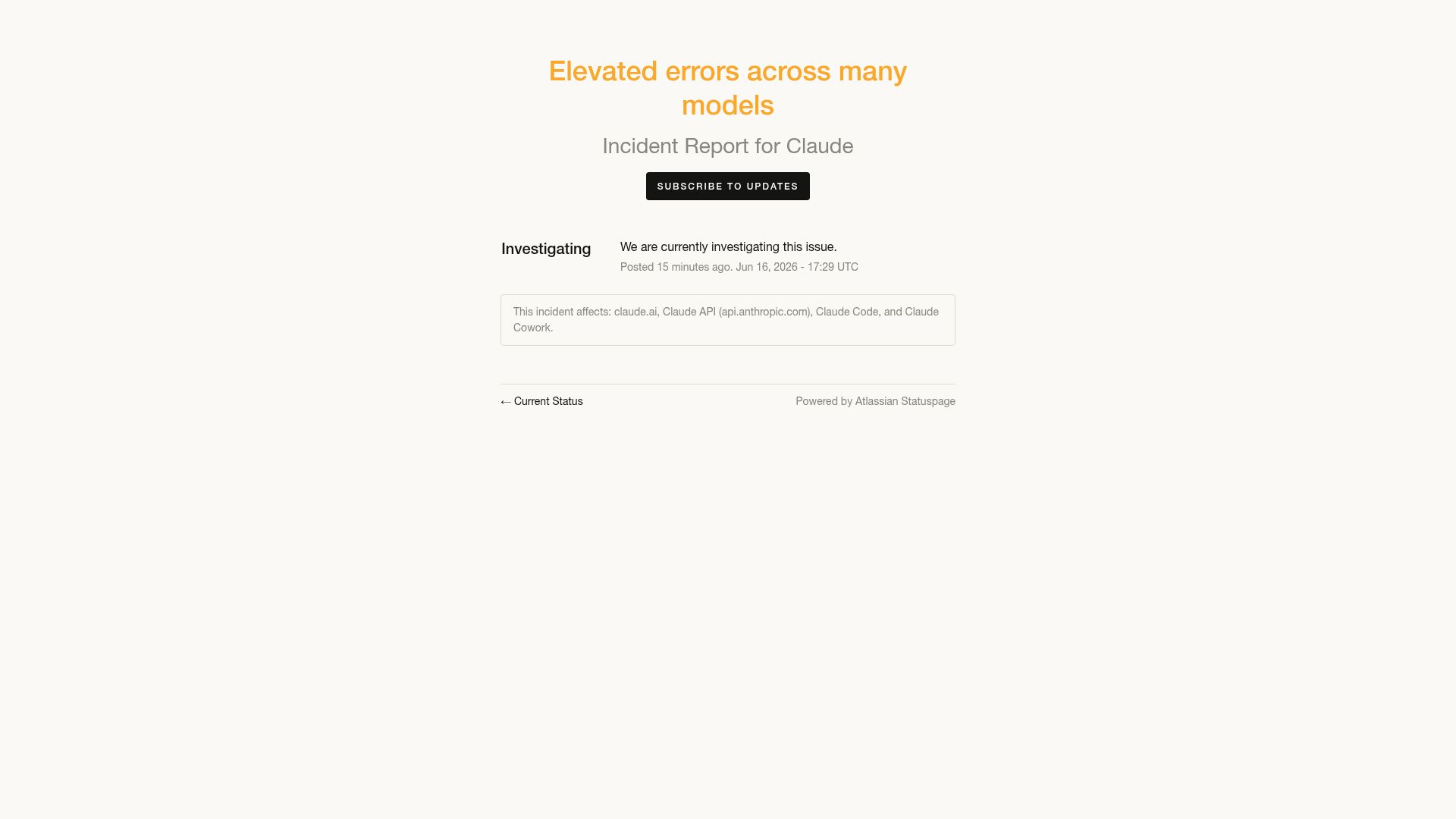 Screenshot of status.claude.com: Claude: Elevated errors across many models