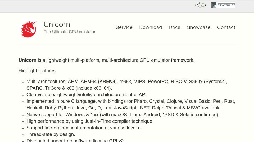 Screenshot of unicorn-engine.org: Unicorn – The Ultimate CPU Emulator