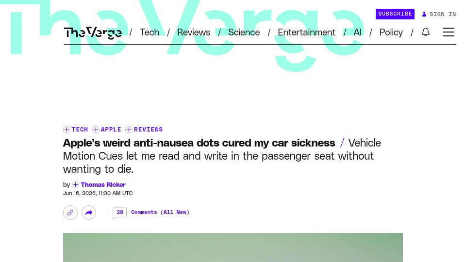 Screenshot of theverge.com: Apple's weird anti-nausea dots cured my car sickness