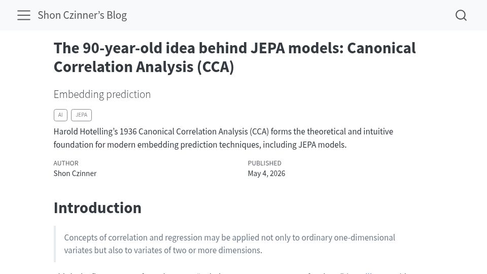 Screenshot of shonczinner.github.io: The 90-year-old idea behind JEPA models: Canonical Correlation Analysis
