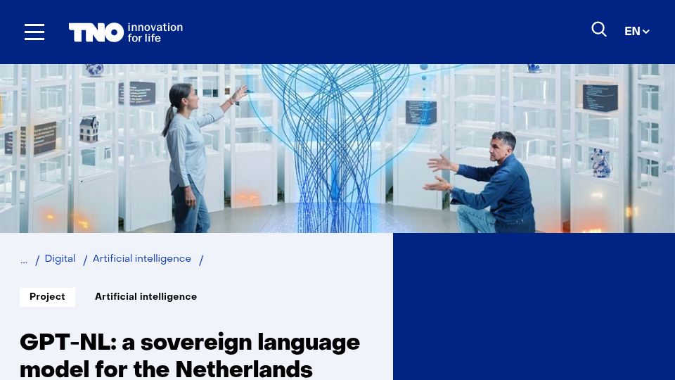 Screenshot of tno.nl: GPT‑NL: a sovereign language model for the Netherlands