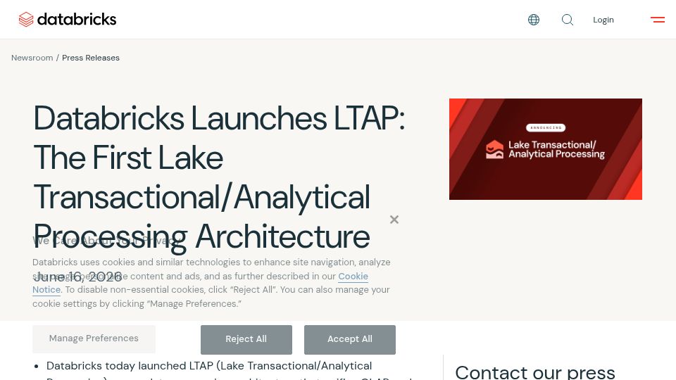 Screenshot of databricks.com: Databricks Launches LTAP: A Unified OLAP/OLTP Data Architecture