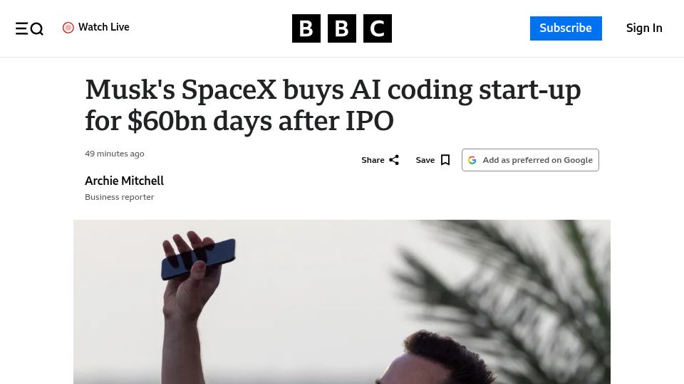 Screenshot of bbc.com: SpaceX Is Buying Cursor