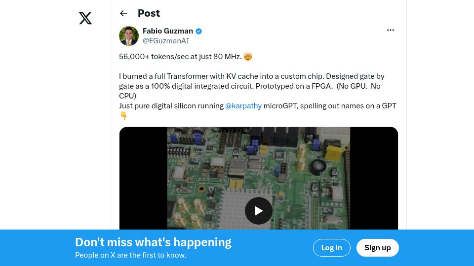 Screenshot of twitter.com: GateGPT: 56k tokens per second Transformer (KV cache) on FPGA at 80 MHz