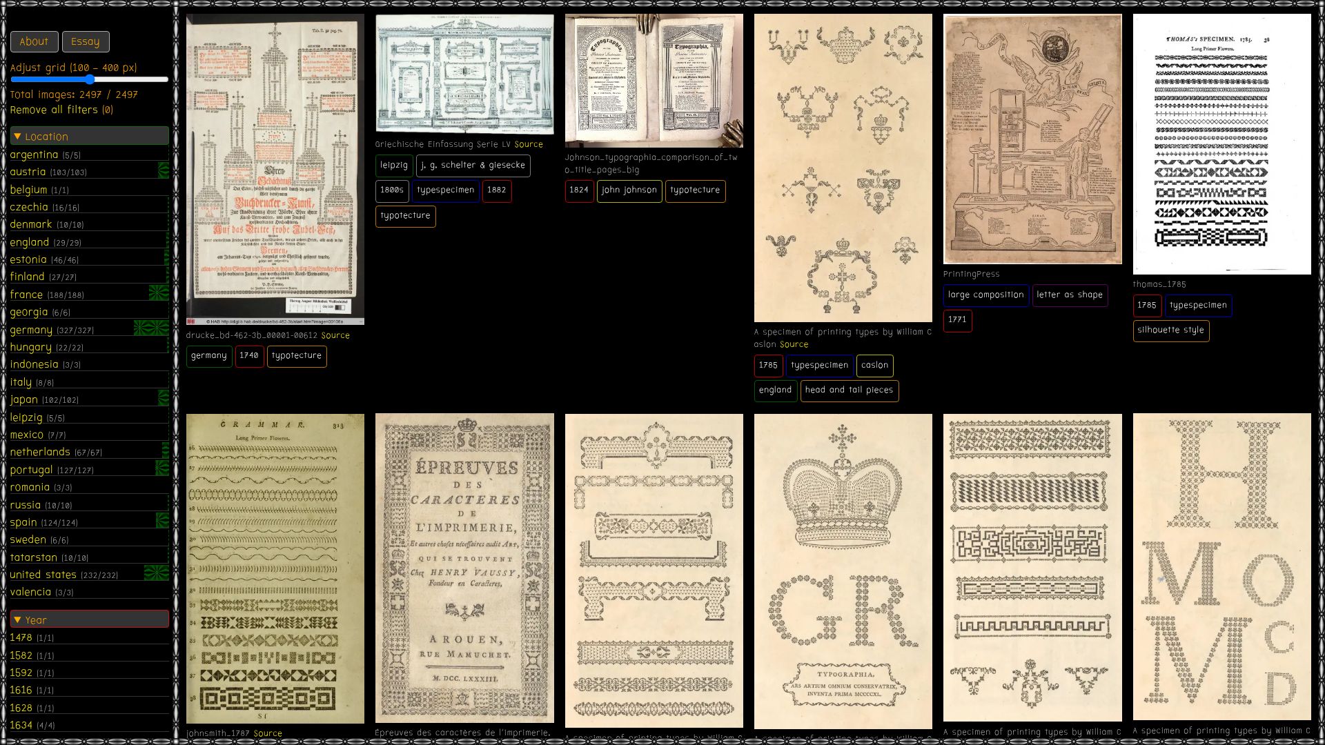 Screenshot of garden-of-flowers.heikkilotvonen.com: Show HN: Garden of Flowers – an archive of pictorial typography before ASCII art