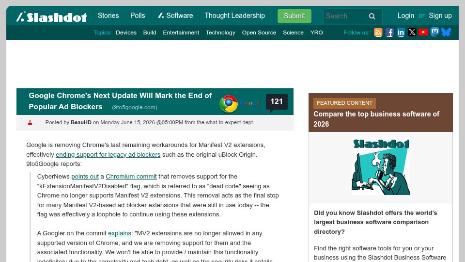 Screenshot of tech.slashdot.org: Google Chrome's Next Update Will Mark the End of Popular Ad Blockers