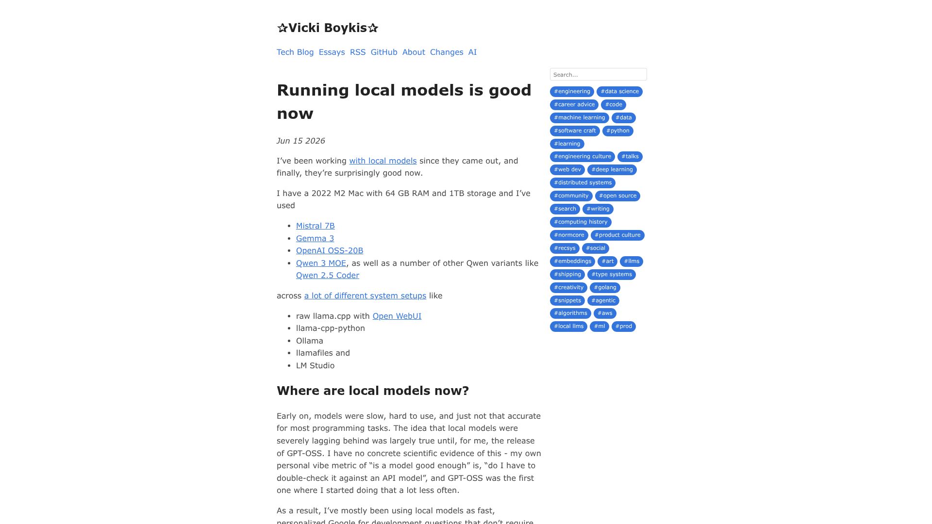 Screenshot of vickiboykis.com: Running local models is good now