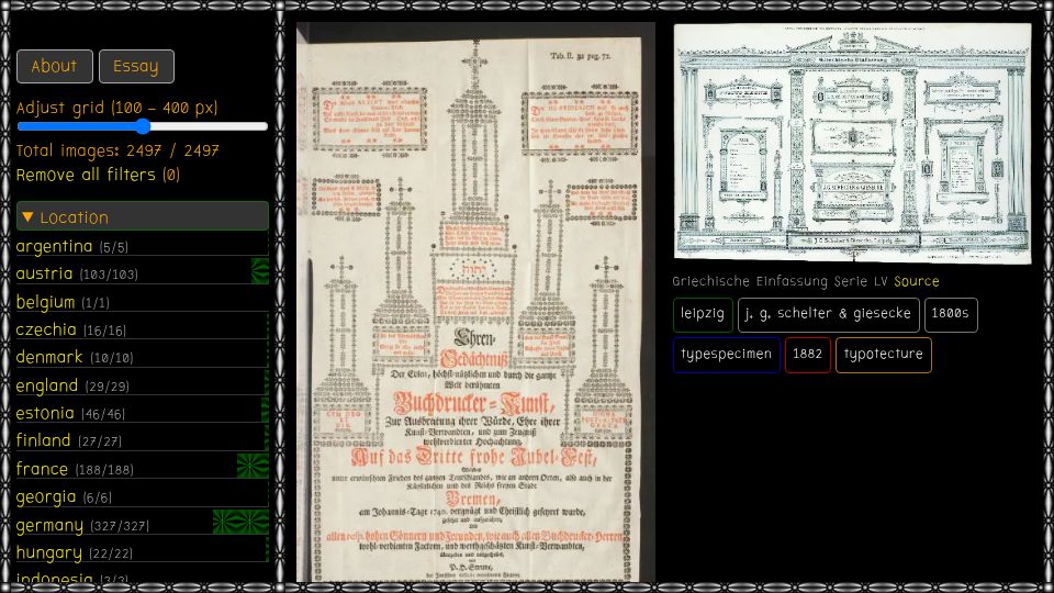 Screenshot of garden-of-flowers.heikkilotvonen.com: Show HN: Garden of Flowers – an archive of pictorial typography before ASCII art