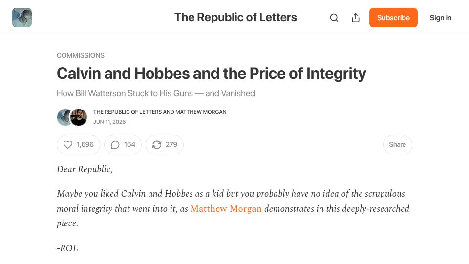 Screenshot of therepublicofletters.substack.com: Calvin and Hobbes and the price of integrity