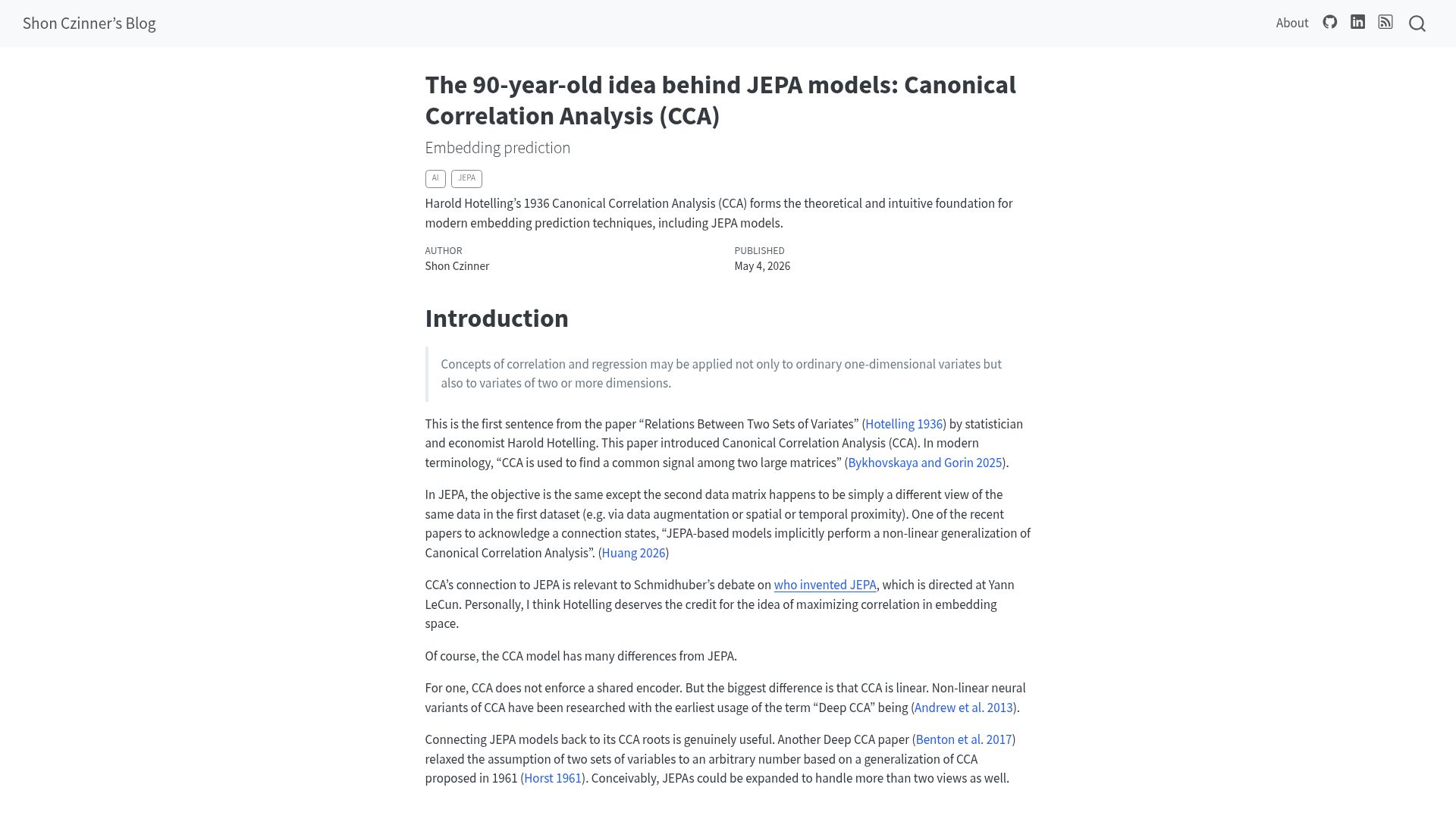 Screenshot of shonczinner.github.io: The 90-year-old idea behind JEPA models: Canonical Correlation Analysis