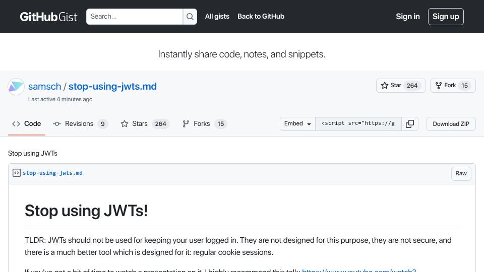 Screenshot of gist.github.com: Stop Using JWTs