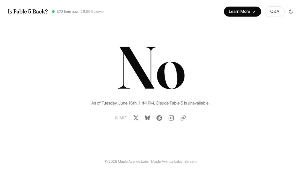 Screenshot of isfable5back.com: Is Fable 5 Back?