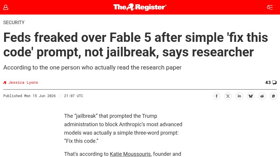 Screenshot of theregister.com: Feds freaked over Fable 5 after 'fix this code', not jailbreak, say researchers